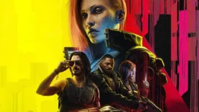Cyberpunk 2077 promotional art featuring V, Johnny Silverhand (Keanu Reeves), and Idris Elba.