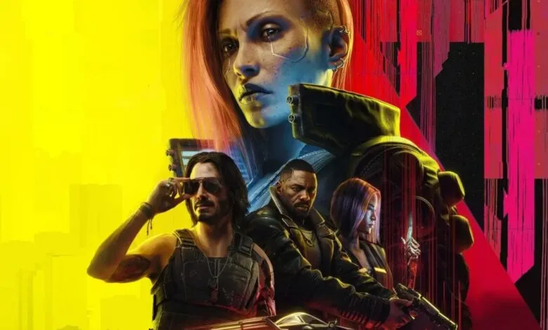 Cyberpunk 2077 promotional art featuring V, Johnny Silverhand (Keanu Reeves), and Idris Elba.