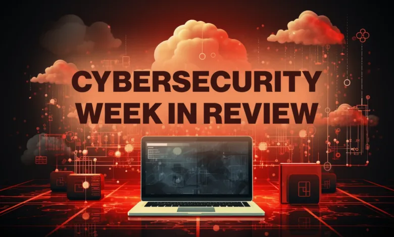 Cybersecurity Week in Review graphic with laptop and digital elements.