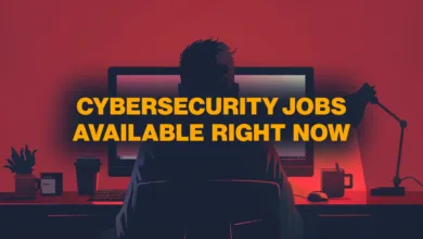 Person sits at desk with computer; text reads 'Cybersecurity Jobs Available Right Now'.
