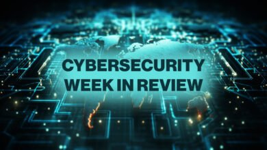 Cybersecurity Week in Review text over a digital world map background.