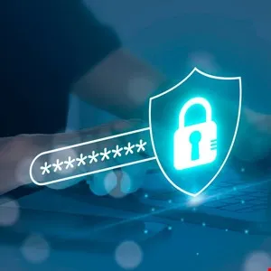 Digital security concept: padlock on shield with password entry over laptop keyboard.