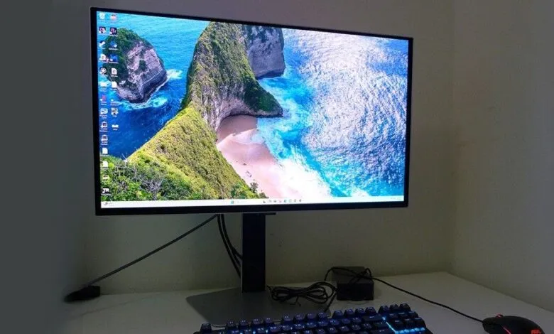 Computer monitor displays a tropical beach scene with keyboard and mouse.