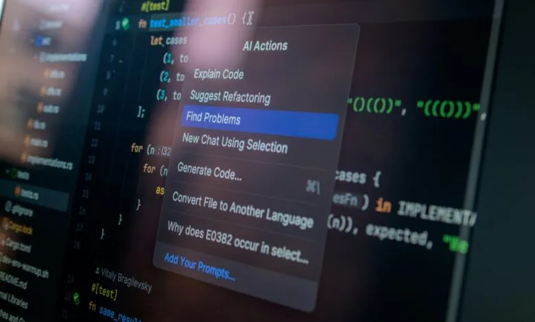 Code editor with AI actions menu, including 'Find Problems' highlighted.