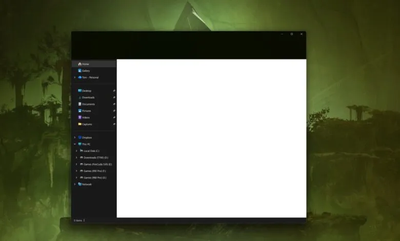 Dark mode File Explorer window with a blank white content area.