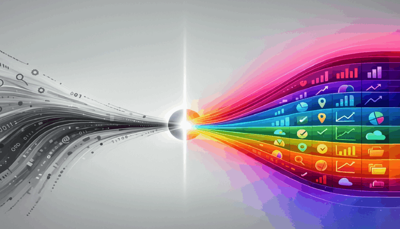 Data flowing from grayscale code to colorful charts and graphs.