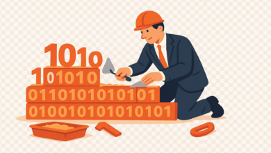 Construction worker building data foundation with binary blocks.