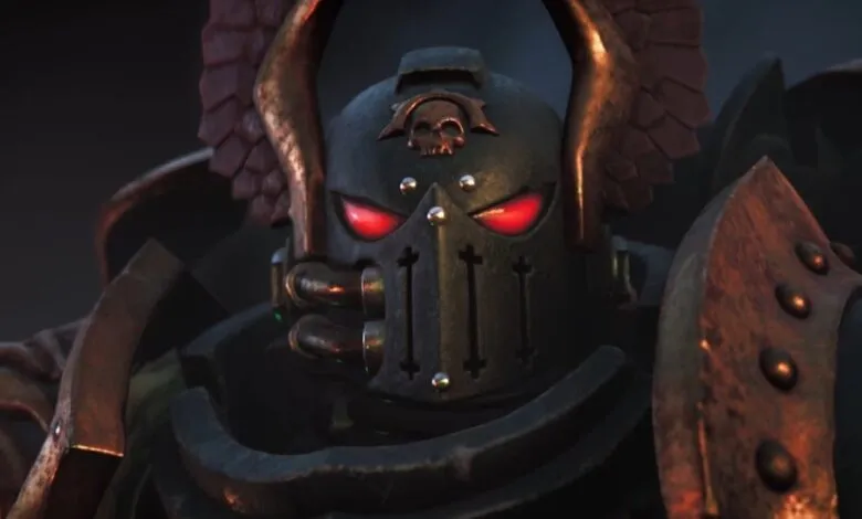 Close-up of a Warhammer 40k Space Marine helmet with glowing red eyes.