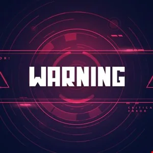 Abstract warning graphic with white text and red/purple geometric shapes.