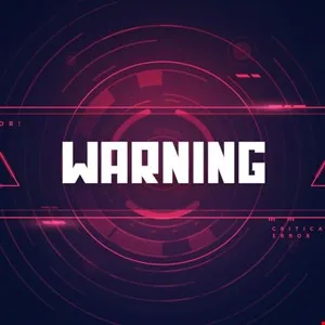 Abstract warning graphic with white text and red/purple geometric shapes.