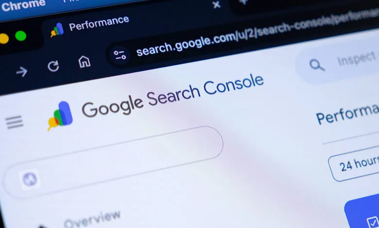 Google Search Console interface showing performance metrics on a Chrome browser.
