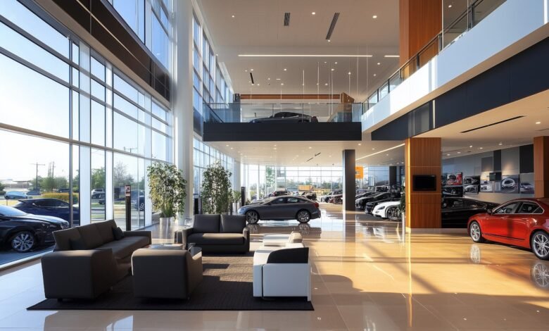 Bright, modern car dealership interior with large windows and luxury vehicles.