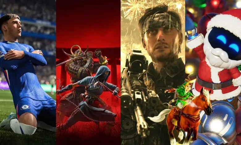 Collage of video game images: soccer player, samurai, soldier, and Santa robot.