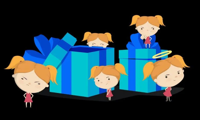 Cartoon girl with various expressions near blue striped gift boxes.