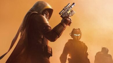 Three armored figures stand in a dusty, orange-toned landscape, one holding a weapon.