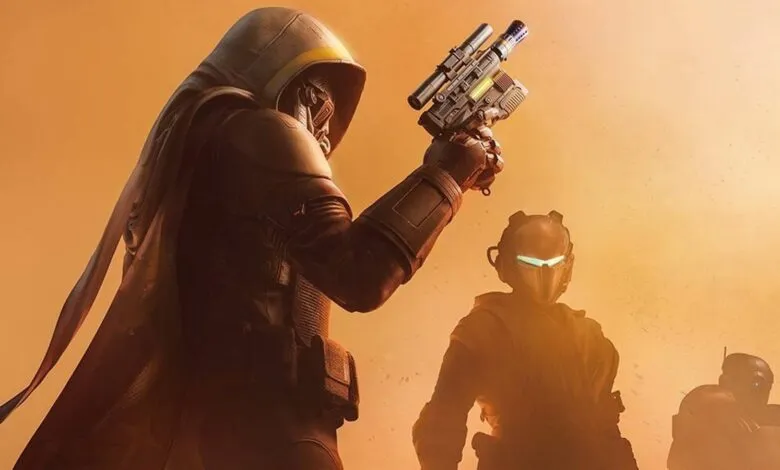 Three armored figures stand in a dusty, orange-toned landscape, one holding a weapon.