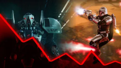 Destiny 2 character facing Mandalorian, overlaid with a red downward trending line.