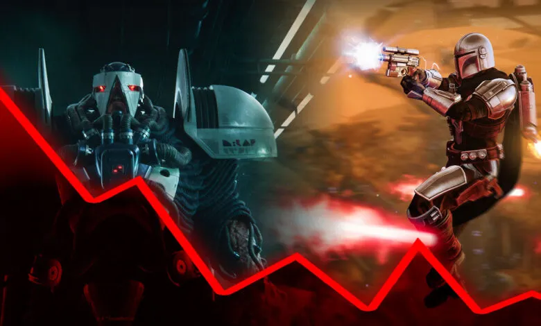 Destiny 2 character facing Mandalorian, overlaid with a red downward trending line.