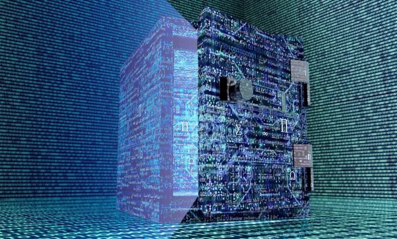 Abstract digital art featuring binary code and mathematical equations on a cube.