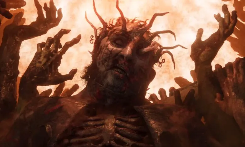 Horrific figure with outstretched hands, tentacles, and exposed ribs.