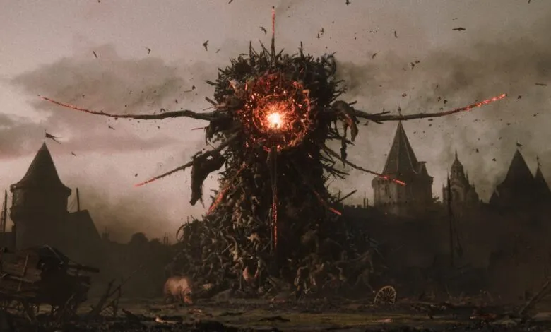 Tower of bodies with glowing core in war-torn landscape, dark fantasy art.