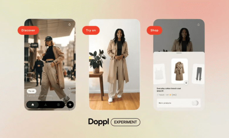 Doppl app interface showing 'Discover', 'Try on', and 'Shop' features for clothing.