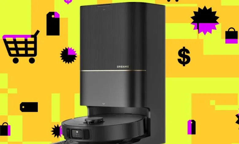 Dreame X40 Ultra robot vacuum with dock on a vibrant, patterned background.