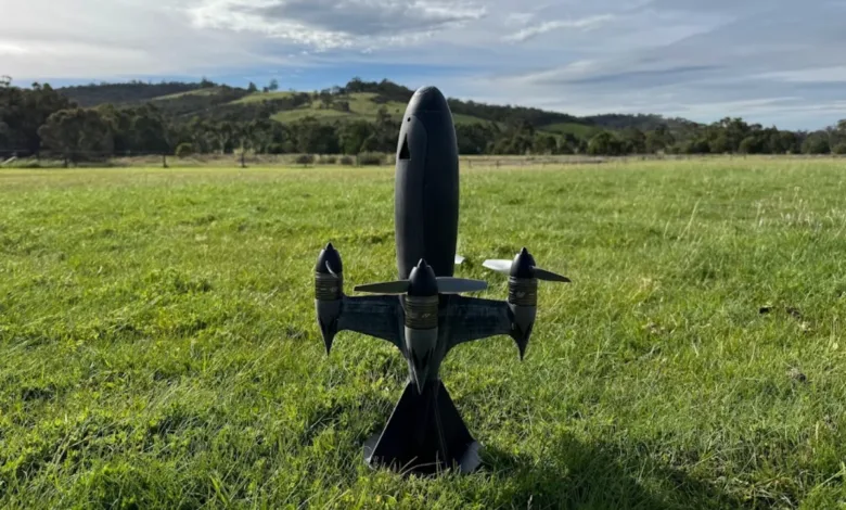 Black model rocket stands in a grassy field against a hilly backdrop.
