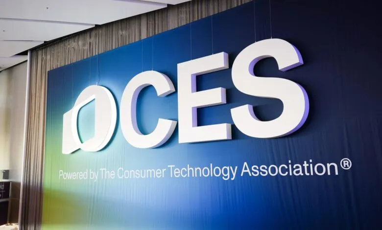 Large CES logo with white letters on a blue gradient background.