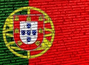 Portuguese flag overlaid on lines of computer code, creating a digital effect.