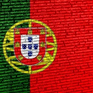 Portuguese flag overlaid on lines of computer code, creating a digital effect.