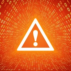 Warning sign with exclamation point against a binary code background.