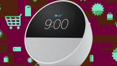 Smart display showing 9:00 with shopping icons in background.