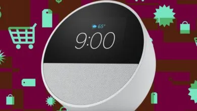 Smart display showing 9:00 with shopping icons in background.