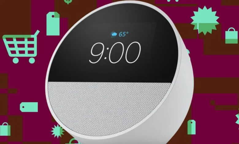 Smart display showing 9:00 with shopping icons in background.