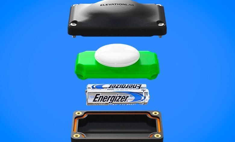 Exploded view of ElevationLab AirTag battery replacement kit components.