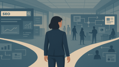 Woman at crossroads, SEO search and team collaboration ahead.