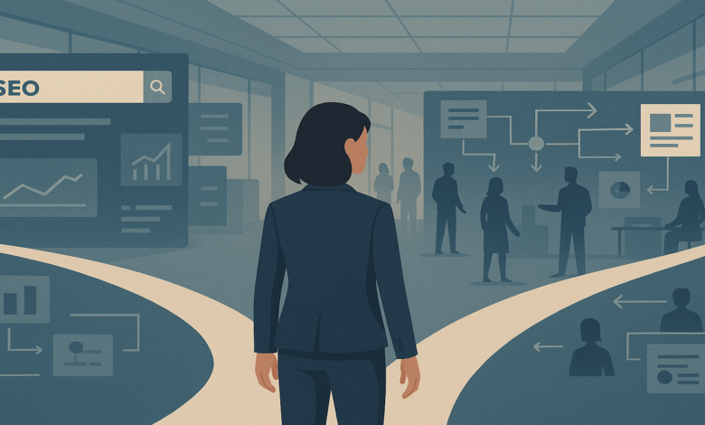 Woman at crossroads, SEO search and team collaboration ahead.