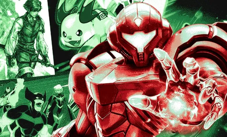 Collage of video game and comic book characters in red and green hues.