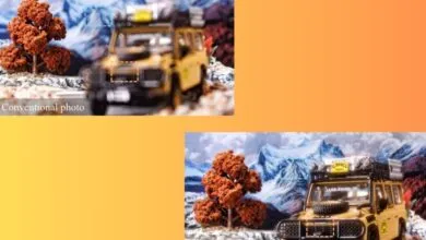 Comparison of conventional and experimental focal lens camera photos of a Land Rover.