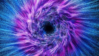 Abstract swirling vortex of blue and purple particles converging into a dark center.