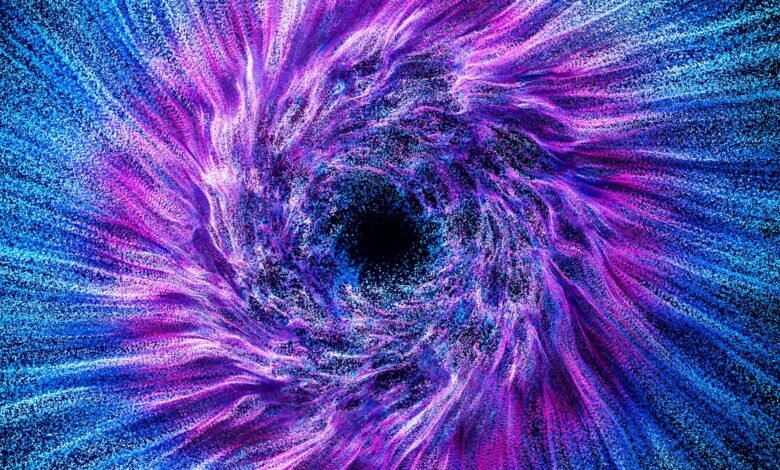 Abstract swirling vortex of blue and purple particles converging into a dark center.