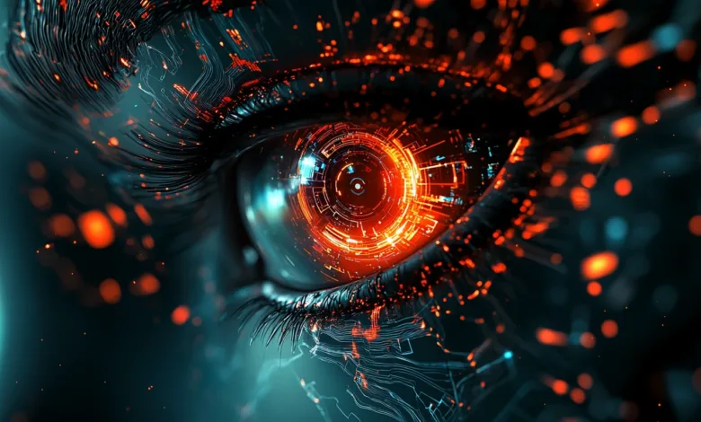 Close-up of a human eye with digital circuit patterns and glowing orange light.