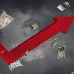 Red arrow pointing upwards with dollar bills floating against a stormy sky background.