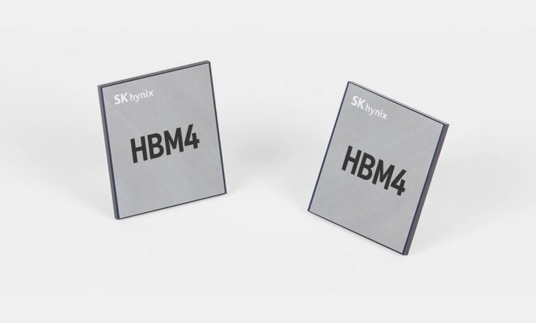 Two SK Hynix HBM4 memory chips on a white surface.