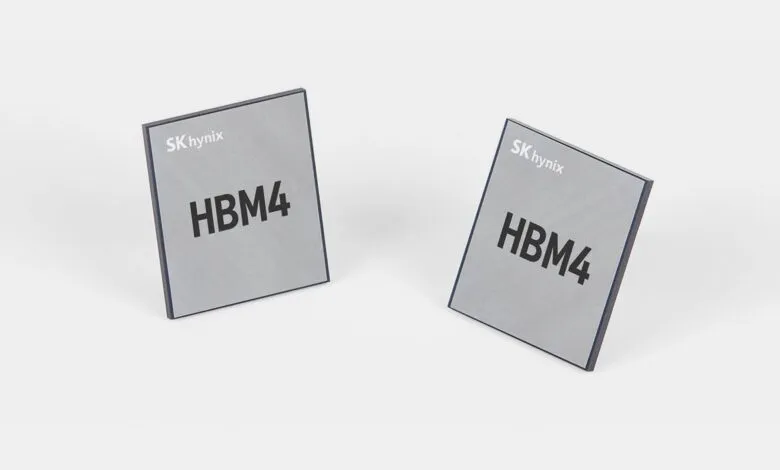 Two SK Hynix HBM4 memory chips on a white surface.