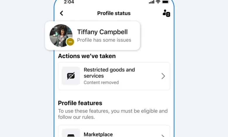 Screenshot of profile status page showing profile issues and restricted services.