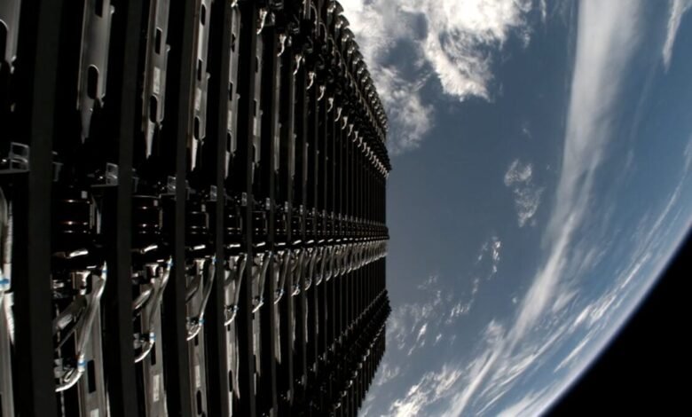 Starlink satellites deployed against Earth's horizon, seen from space.