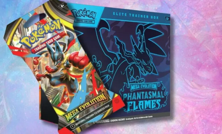 Pokemon Trading Card Game booster pack and Elite Trainer Box featuring Mega Evolution.