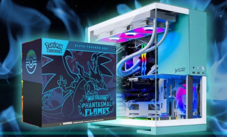 Pokemon Elite Trainer Box next to a Skytech Gaming PC with RGB lighting.